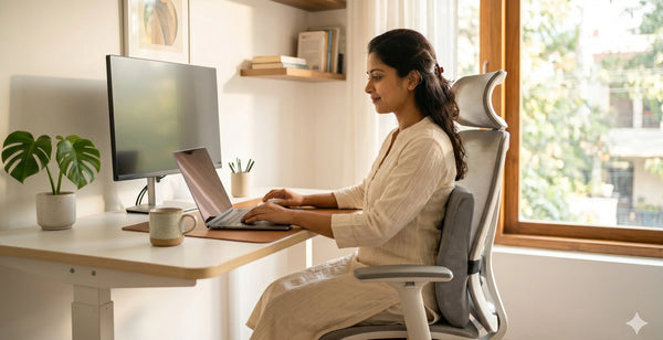 Indian woman sitting with perfect posture at home office desk with lumbar support cushion on chair