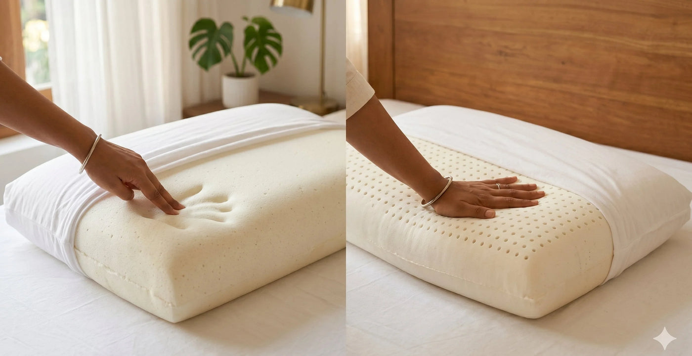 Memory foam pillow vs latex pillow comparison — hand pressing into both showing slow and springy response