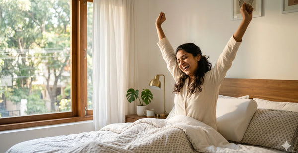 Indian woman waking up refreshed and stretching happily after sleeping on orthopedic memory foam pillow