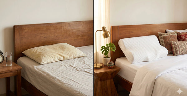 Comparison of old flat regular pillow versus new white orthopedic contour memory foam pillow on Indian bed