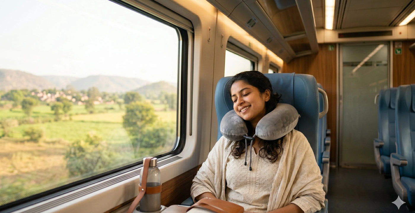 Indian woman relaxing comfortably on train with memory foam travel neck pillow