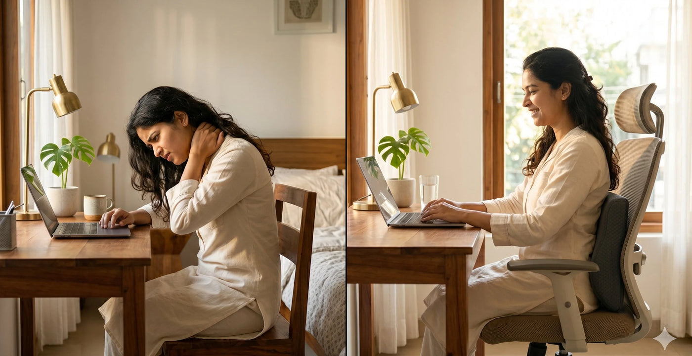 Indian woman with neck pain at desk vs sitting comfortably with lumbar support cushion