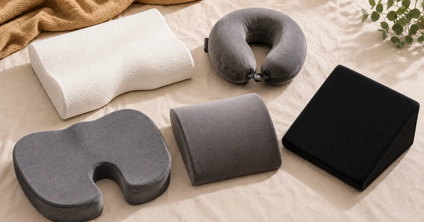 Complete Cosymor pillow buying guide showing contour pillow, travel neck pillow, coccyx cushion, lumbar support and wedge pillow