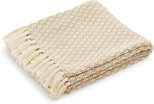 Yellow Beige Diamond Weave Cotton Throw Blanket folded