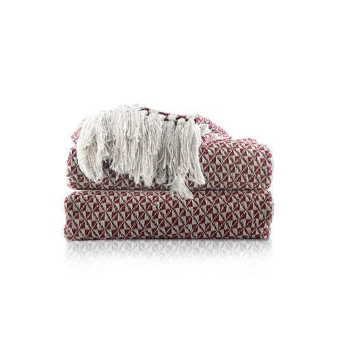 Cosymor Maroon White Woven Cotton Throw Blanket with Tassel Fringes (50x70 Inch)