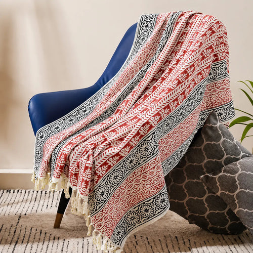 Cosymor Red Black Bohemian Floral Print Cotton Throw Blanket – Reversible Sofa & Bed Throw (50x70 Inch)