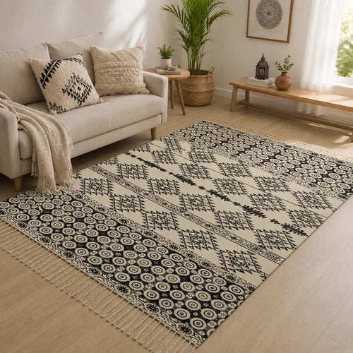 3X5 Ft Beige Black Aztec Block Print Cotton Dhurrie Area Rug (36x60 Inch) Cosymor