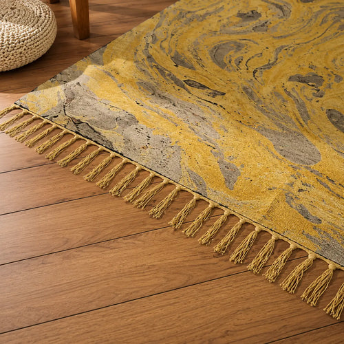 Mustard Marbled Woven Texture Print Rectangular Cotton Area Rug (3x5 Ft / 36x60 Inch)