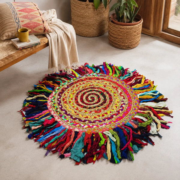 Colorful Jute Chindi Fringed Rug – Handwoven Boho Floor Rug (2 Ft / 24 Inch)