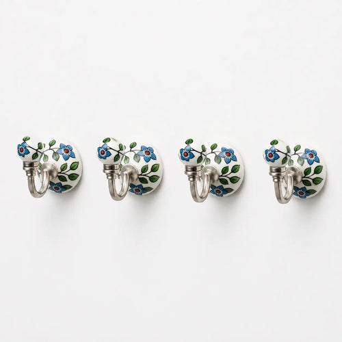 Cosymor Hand-Painted Ceramic Wall Hooks – Set of 4 | Blue & Yellow Colorful Boho Design
