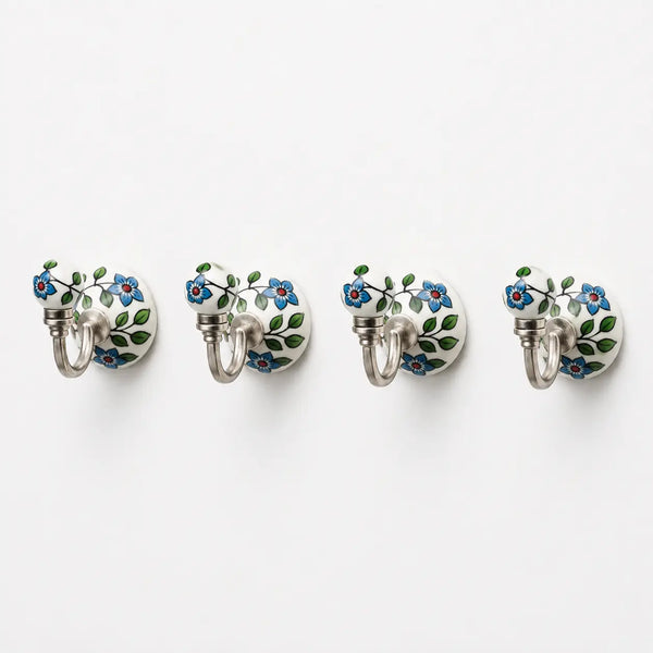 Cosymor Hand-Painted Ceramic Wall Hooks – Set of 4 | Blue & Yellow Colorful Boho Design