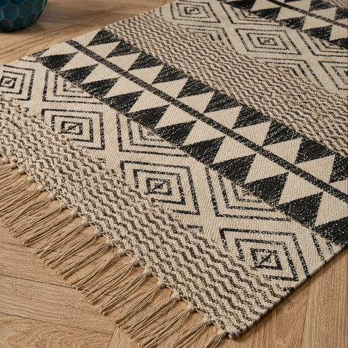 3X5 Ft Black Beige Diamond Block Print Cotton Dhurrie Flatweave Area Rug (36x60 Inch) Cosymor