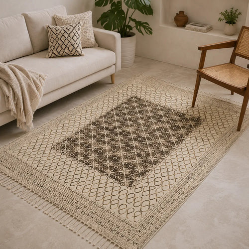 Beige Black Block Print Cotton Dhurrie Rectangular Area Rug (3x5 Ft / 36x60 Inch) Cosymor
