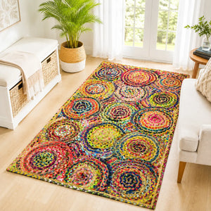 Multicolor Bubbles Jute Cotton Braided Rug – Handwoven Boho Floor Rug (3x5 Ft / 36x60 Inch)