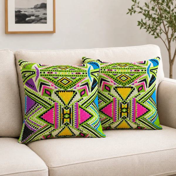 Parrot Green Geometric Boho Cushion Cover Set of 2 - 16X16 Inch Cosymor