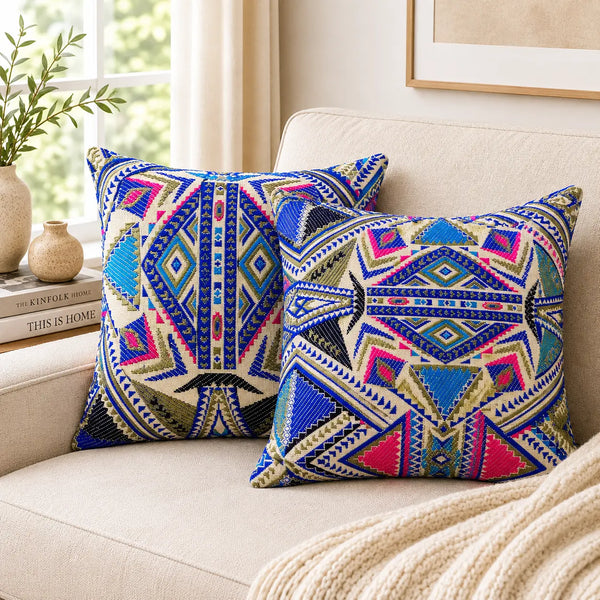 16X16 Inch Cobalt Kilim Mix-Match Multicolor Cushion Covers Set for Sofa Chair
