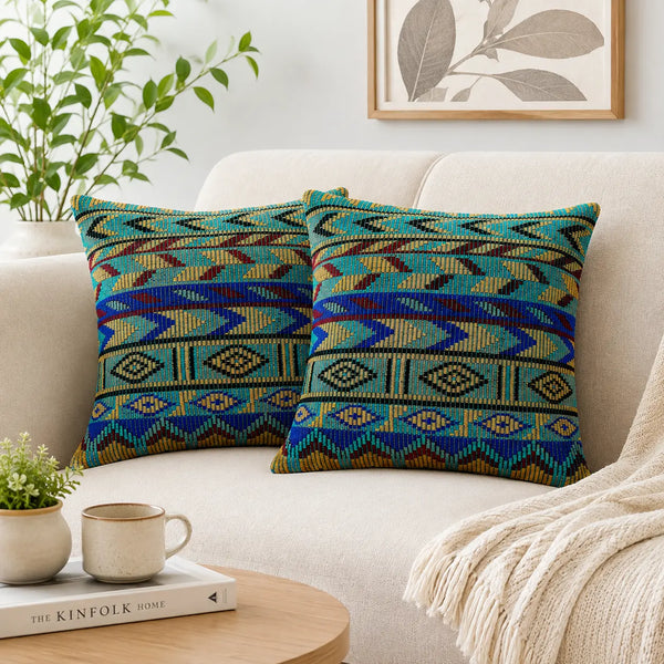 Teal Zigzag Arrow Geometric Square Cushion Cover - 16X16 Inch Cosymor