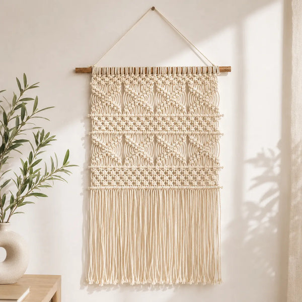 Handwoven Knitted Macrame Wall Hanging – Boho Cotton Wall Decor for Living Room, Bedroom & Entryway | Handmade Woven Tapestry (15 x 35 Inch)