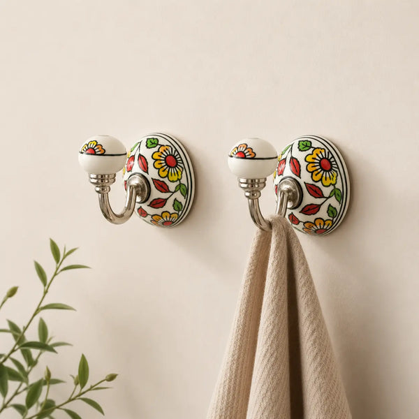 Cosymor Hand-Painted Ceramic Wall Hooks – Set of 2 | Yellow & Red Flower Bohemian Design