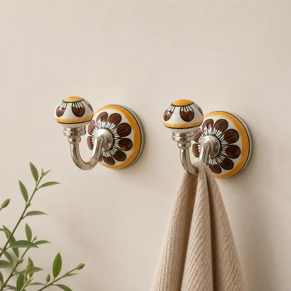 Cosymor Hand-Painted Ceramic Wall Hooks – Set of 2 | Brown & Yellow Floral Boho Design