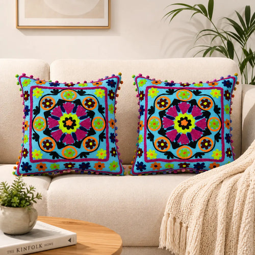 Turquoise Blue Medallion Embroidered Cushion Cover Set of 2 - 16X16 Inch Cosymor