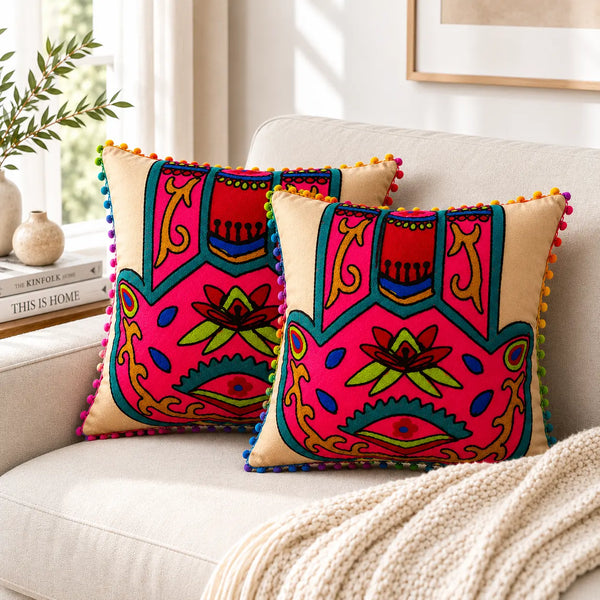 16X16 Inch Terracotta Hamsa Embroidered Cushion Covers Set for Sofa Chair