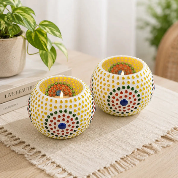 Round Circle Bubble Mosaic Glass Tea Light Candle Holder – Set of 2