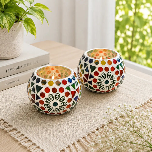 Leaves Circle Mosaic Glass Tea Light Candle Holder – Set of 2