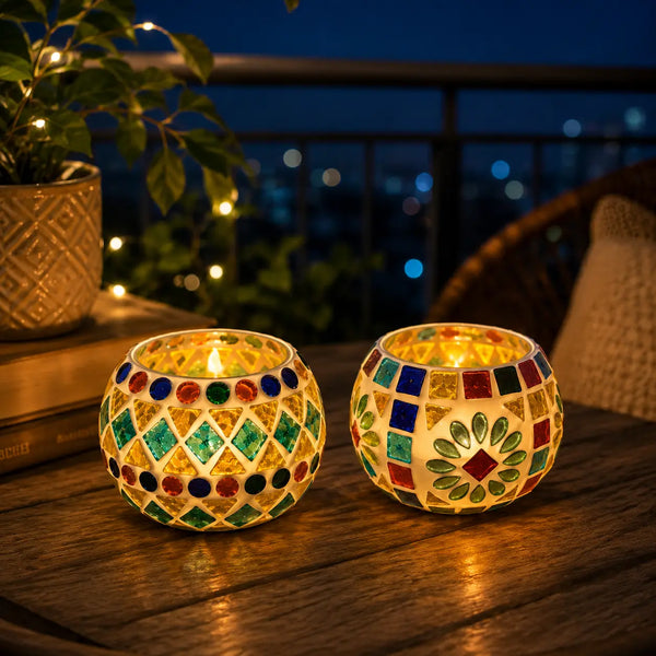 Tribal Pattern Mosaic Glass Tea Light Candle Holder – Set of 2