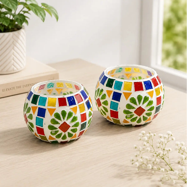 Flower Mosaic Glass Tea Light Candle Holder – Set of 2