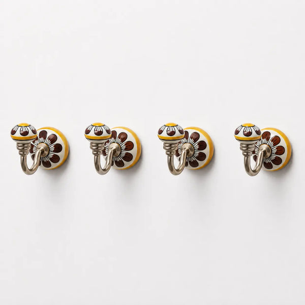 Cosymor Hand-Painted Ceramic Wall Hooks – Set of 4 | Yellow Floral Boho Design