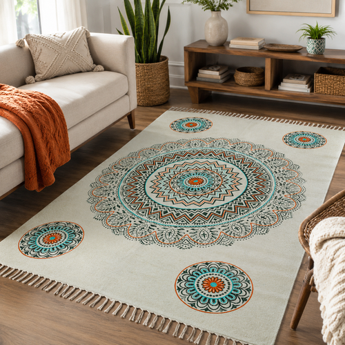 Beige Multi Mandala Cotton Area Rug – Flatweave Boho Floor Rug (3x5 Ft / 36x60 Inch)