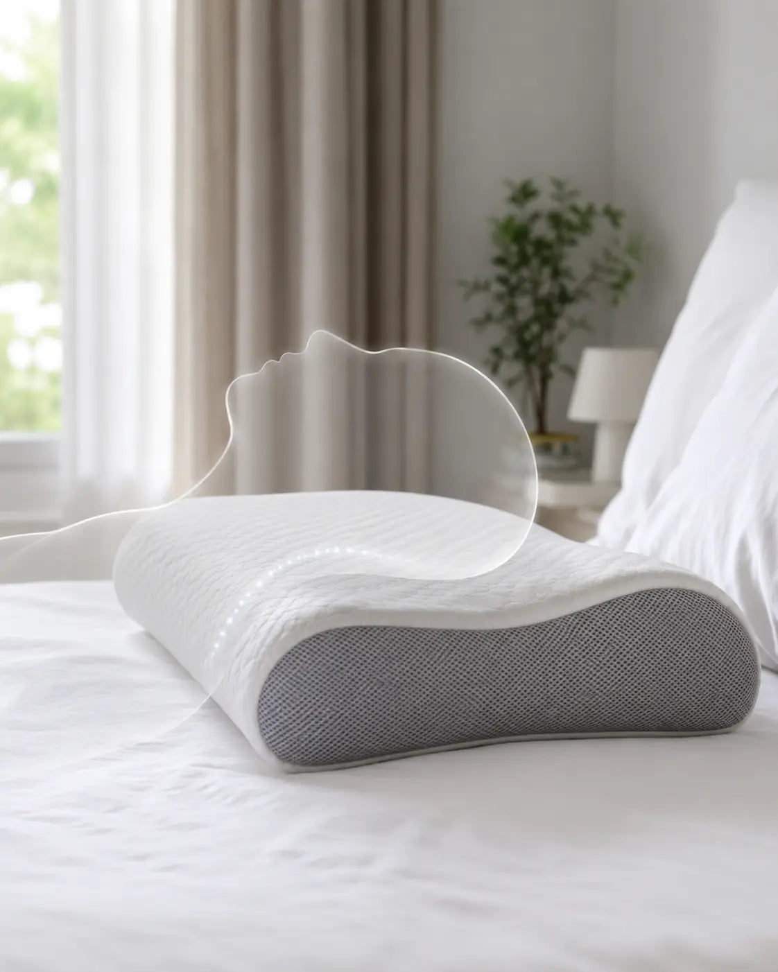White and grey cervical memory foam pillow on a bed showing ergonomic neck alignment curve