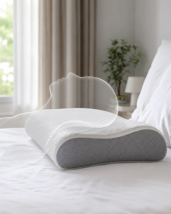 White and grey cervical memory foam pillow on a bed showing ergonomic neck alignment curve