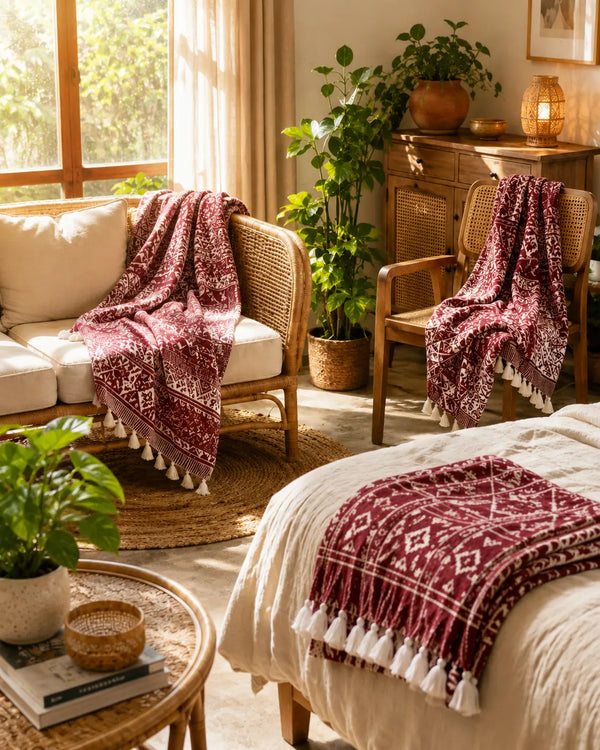 Maroon and white tasselled cotton throw styled five ways across a cosy living room
