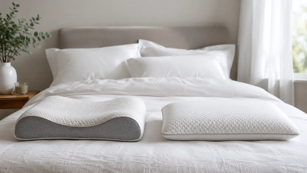 Contour memory foam pillow and flat memory foam pillow side by side on a bed