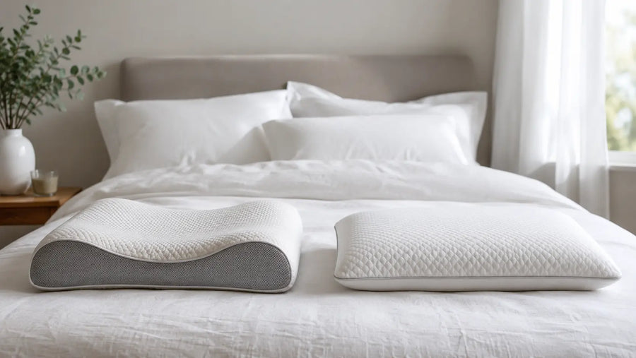 Contour memory foam pillow and flat memory foam pillow side by side on a bed