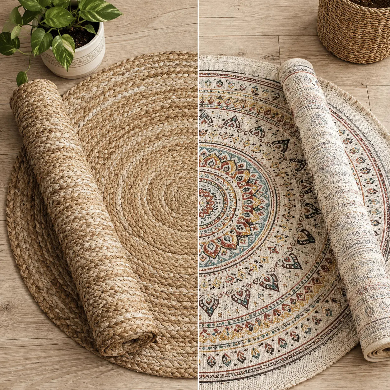 Handwoven jute rug and flatweave cotton mandala rug side by side on a wooden floor