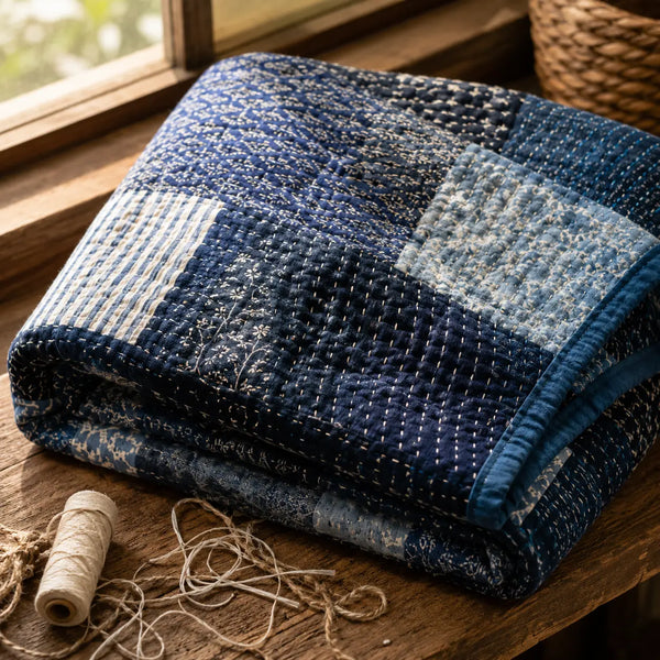 Close-up of an indigo patchwork cotton Kantha quilt showing fine hand running-stitch