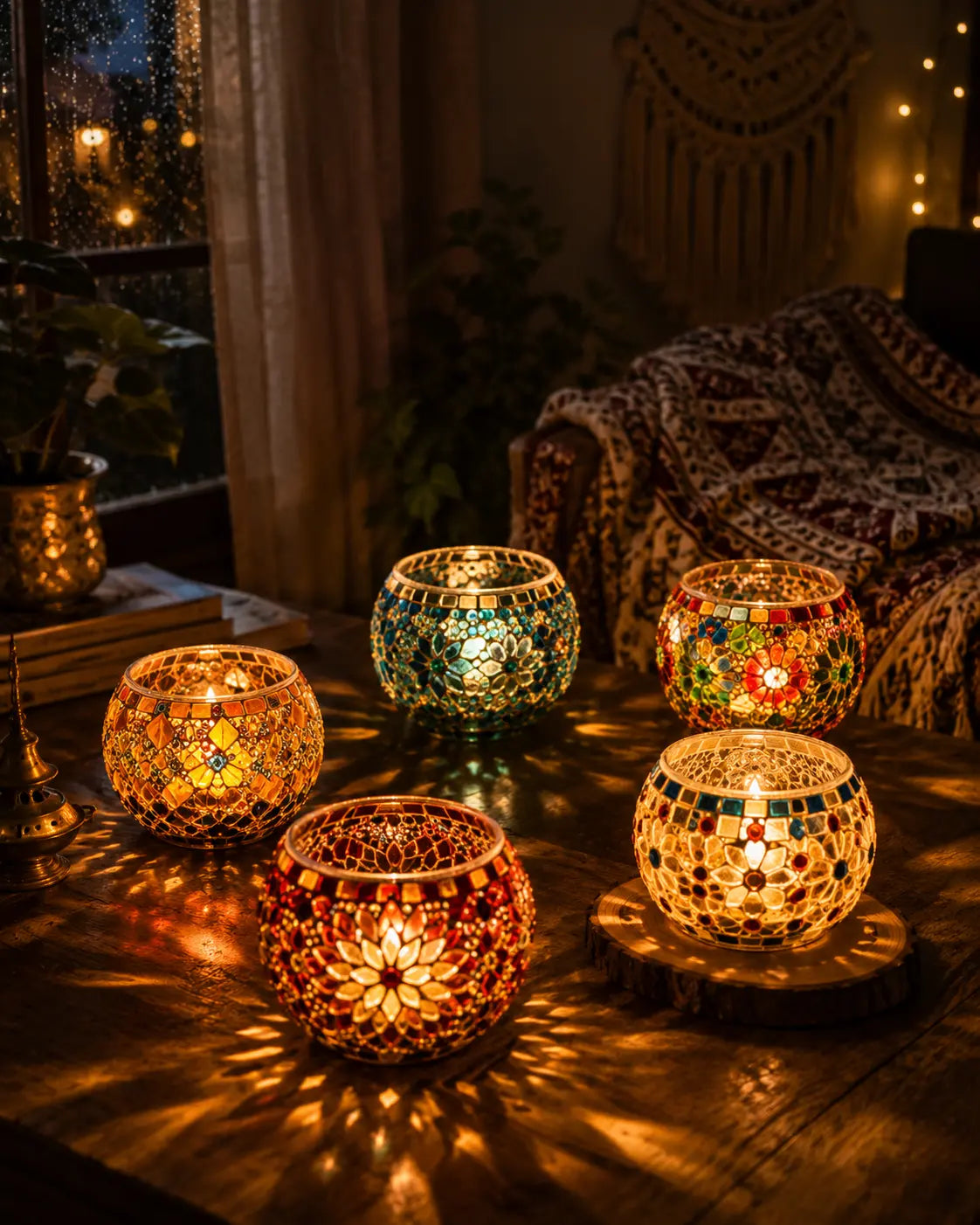 Lit mosaic glass tealight candle holders scattering warm coloured light across a table
