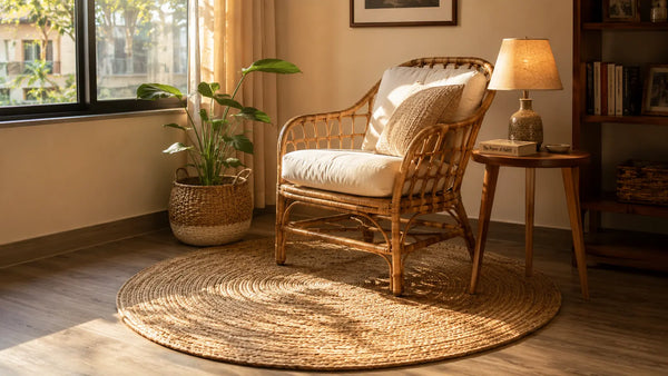 Round handwoven jute rug anchoring a cosy reading nook with a rattan chair