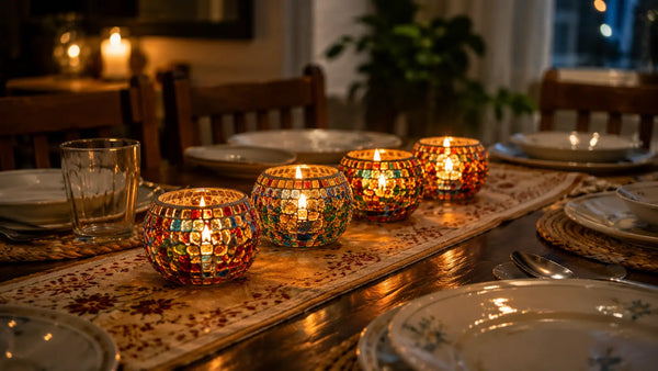 Four lit mosaic glass tealight candle holders arranged down the centre of a dining table