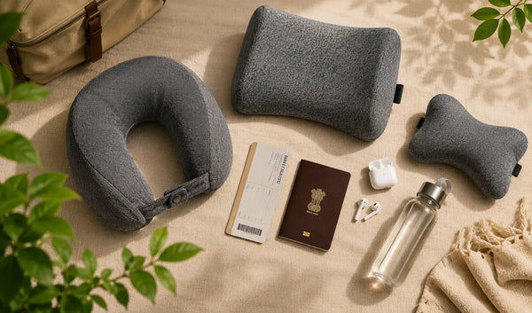 Indian traveller's complete comfort kit with memory foam neck pillow, lumbar cushion and car headrest cushion for pain-free travel