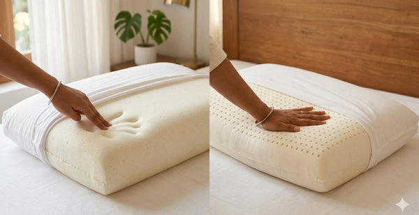 Memory foam pillow vs latex pillow comparison — hand pressing into both showing slow and springy response