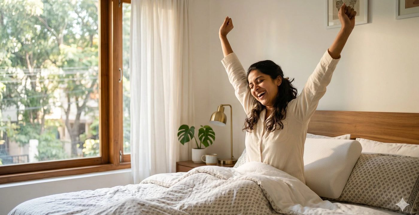 Indian woman waking up refreshed and stretching happily after sleeping on orthopedic memory foam pillow