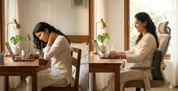 Indian woman with neck pain at desk vs sitting comfortably with lumbar support cushion