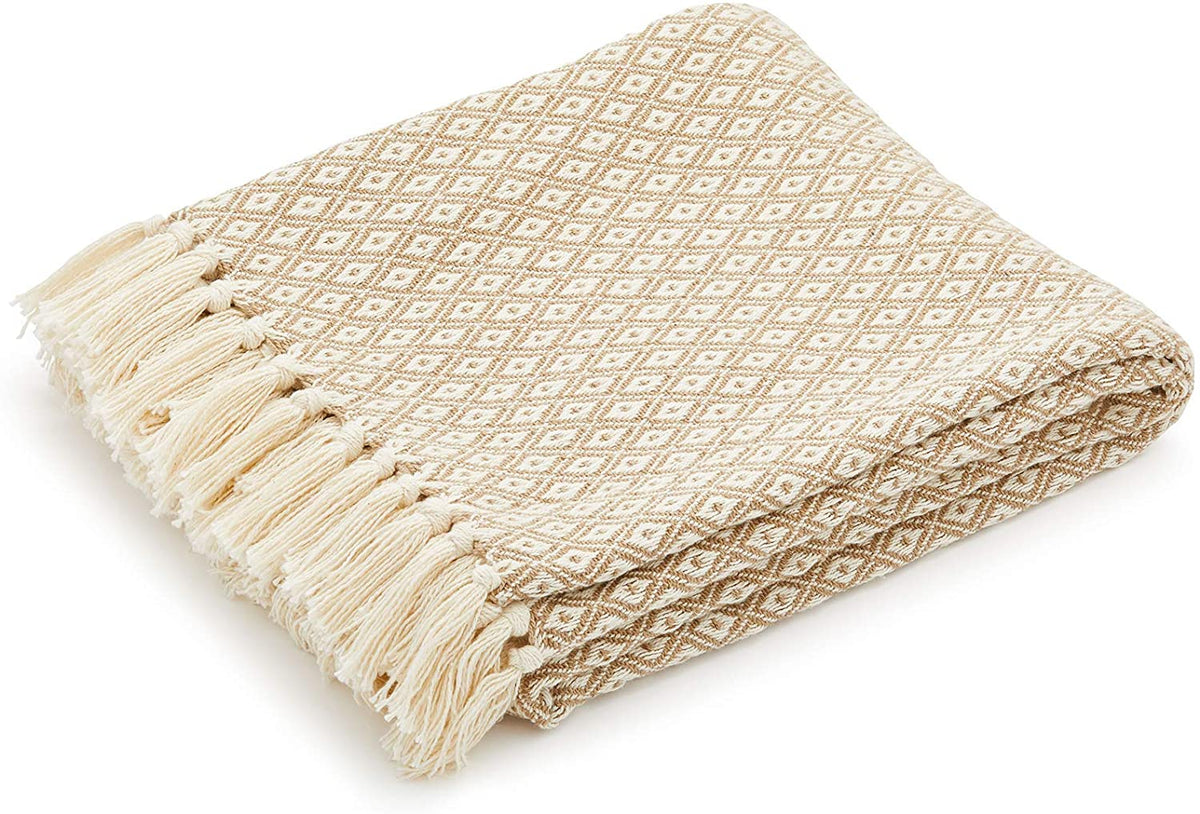 Yellow Beige Diamond Weave Cotton Throw Blanket folded