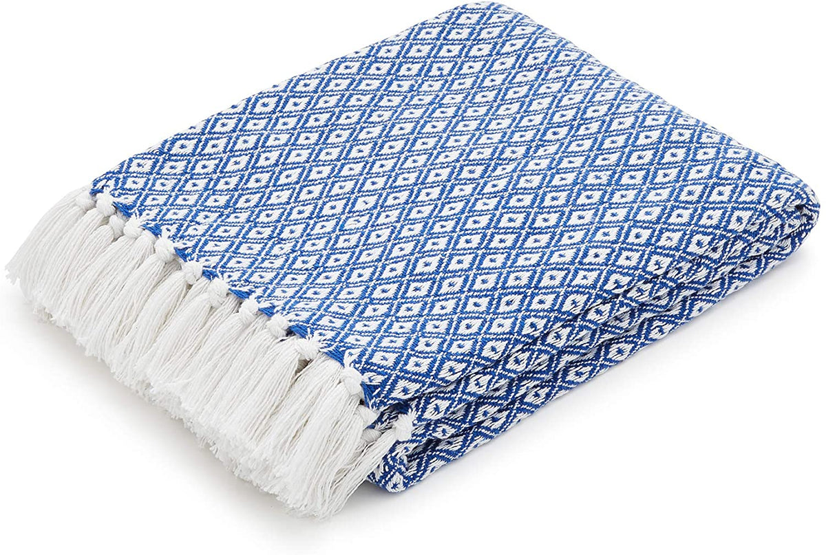 Turquoise Diamond Weave Cotton Throw Blanket folded