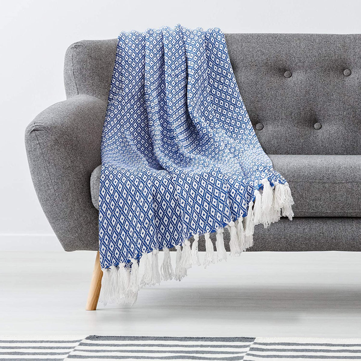 Turquoise Diamond Weave Cotton Throw Blanket detail