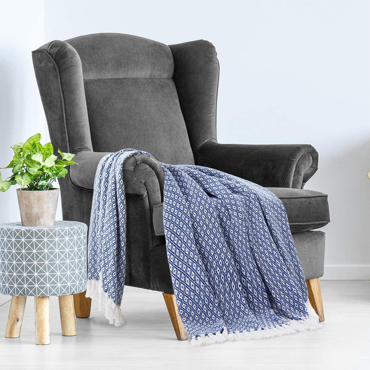 Turquoise Diamond Weave Cotton Throw Blanket
